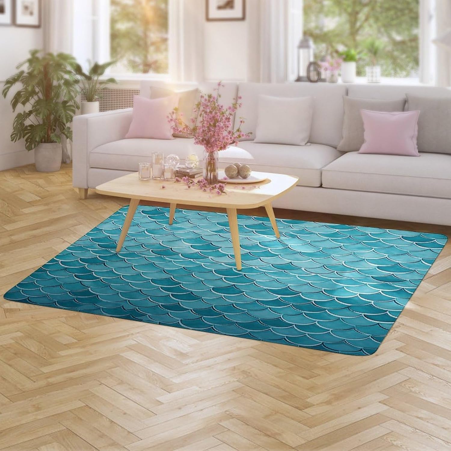Blue Waves Squama Mermaid Scale Carpet for Living Room,Washable Dining Room Non-Slip Under Table Rug 40“x60”Large Rugs Lndoor Home Decoration Stain Resistant Carpet for Bedroom