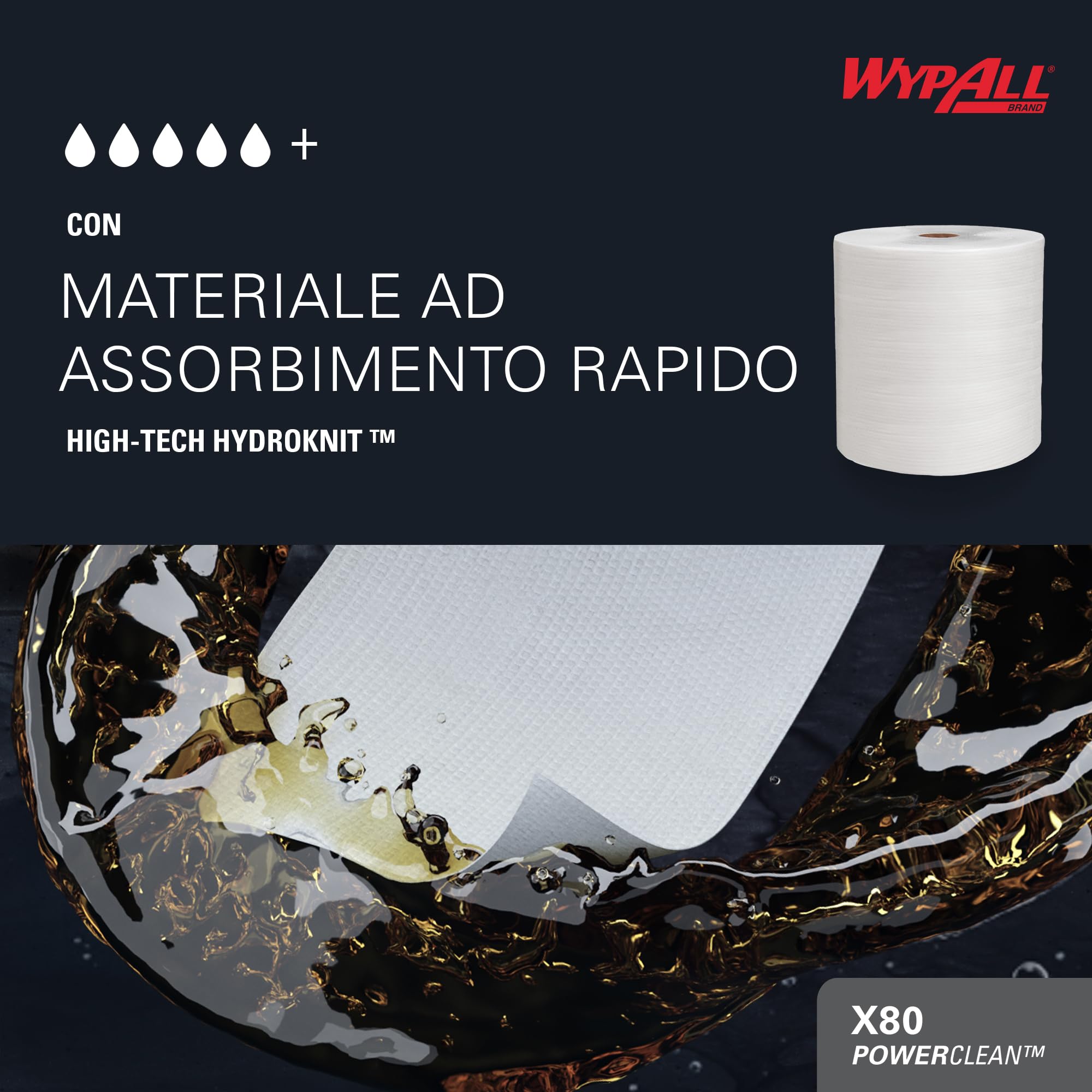 WypAll Panni WypAll X80 Power Clean - Panni per la pulizia riutilizzabili - 1 rotolo grande da 455 panni assorbenti bianchi, Numero articolo 8377