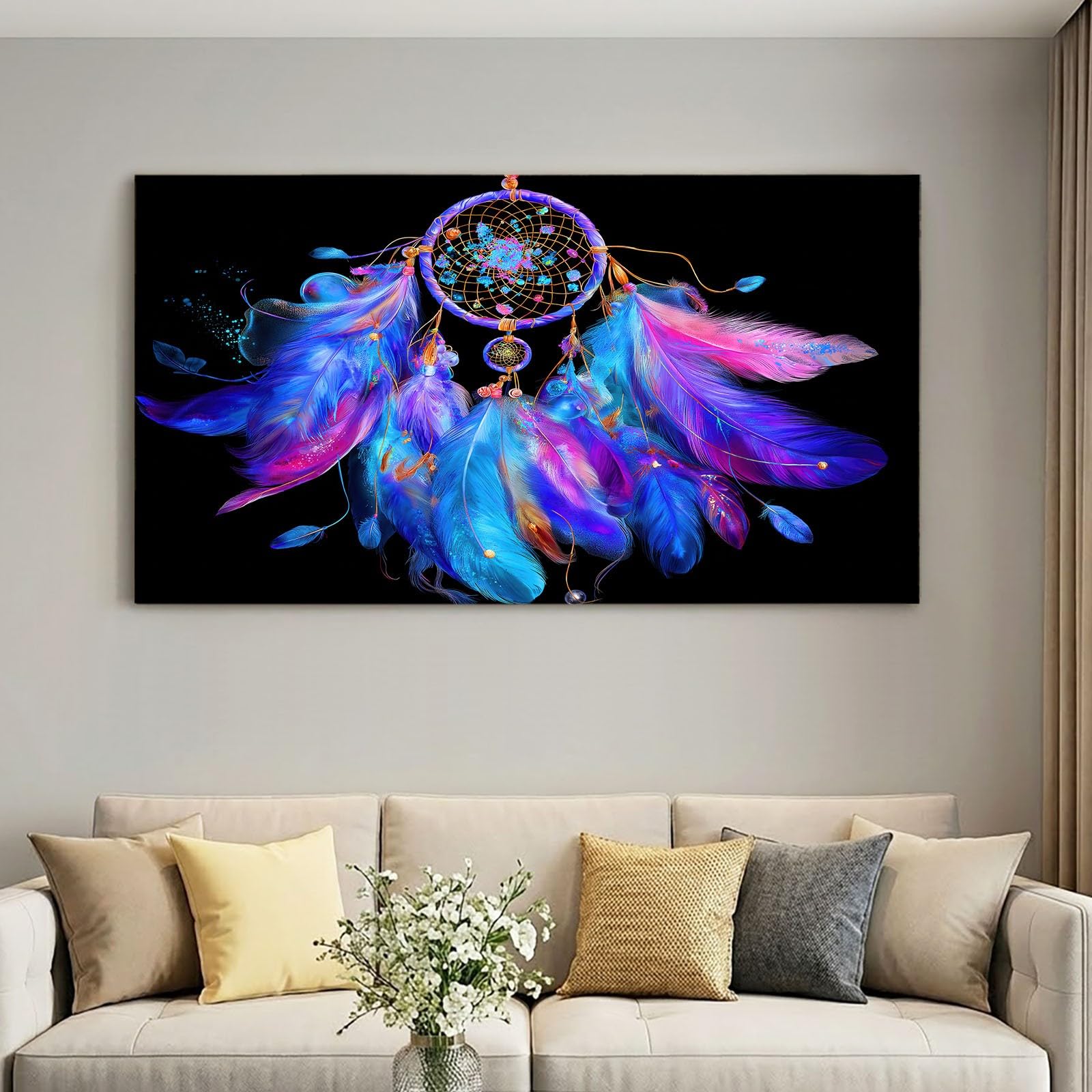 Leinwandbild Bild Boho-Stil XL Wandbilder Deko 90 x 60 cm, Kunstdruck auf Leinwand mit Holzrahmen, Schwarz Traumfänger Feder Wanddeko für Wohnzimmer Schlafzimmer Büro Wanddekoration