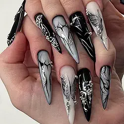 24 peças de unhas postiças pretas góticas francesas, unhas postiças de amêndoa longa, cola falsa acrílica brilhante na unha com estampa de borboleta do amor, conjunto reutilizável de cobertura