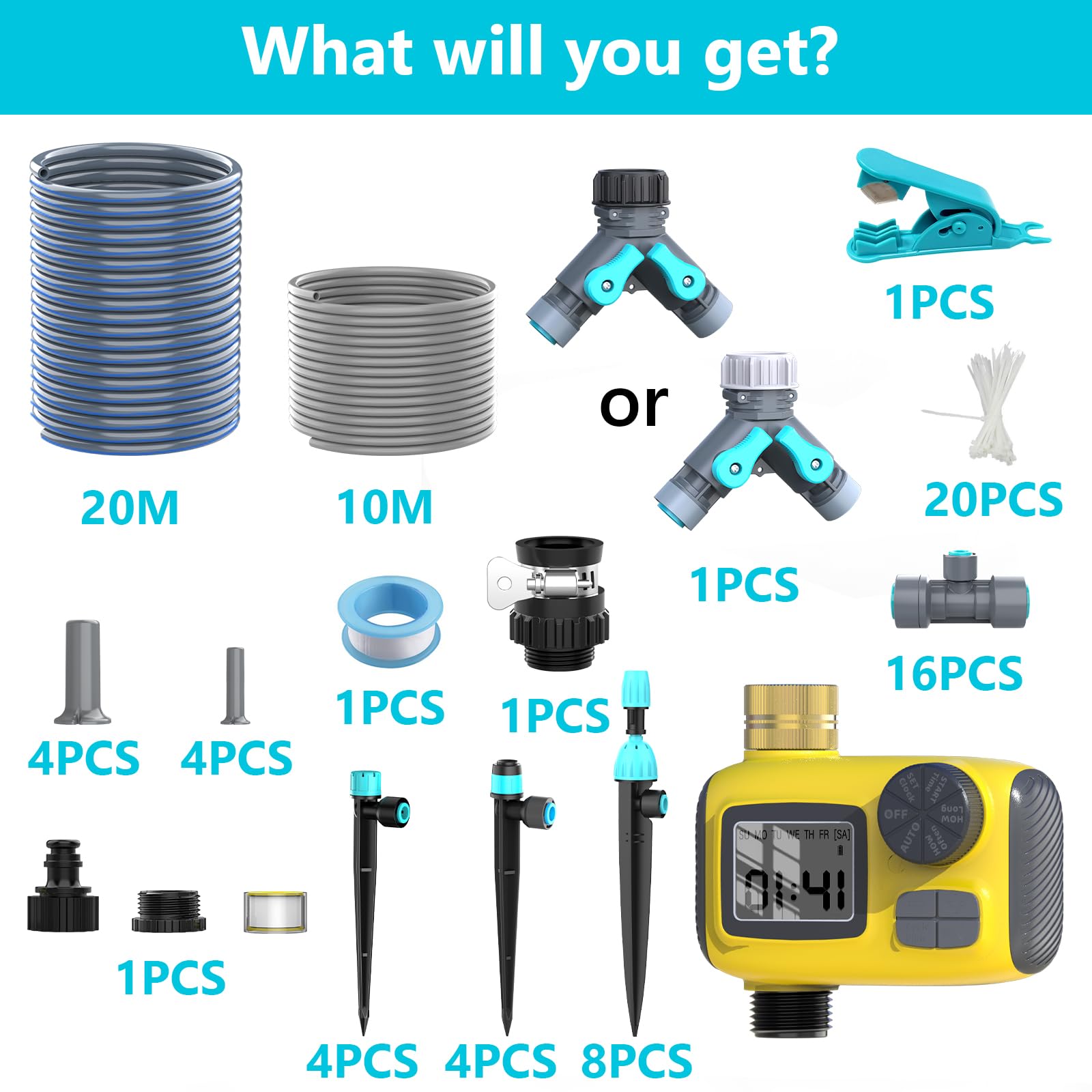 Kit d'irrigation goutte à goutte automatique 30 m avec programmateur TRJZWA 3 programmes, 3 types de goutteurs pour jardin