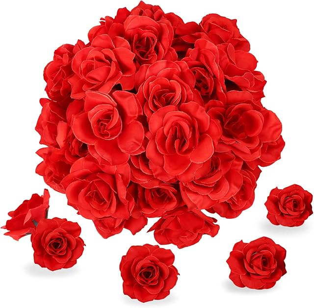 Kesote 50Pcs Artificial Rose Flower Heads Red Realistic Artificial Flower Rose Heads for Wedding Party Album Decoration & Garden Decoration DIY Craft Project - 6cm in Diameter