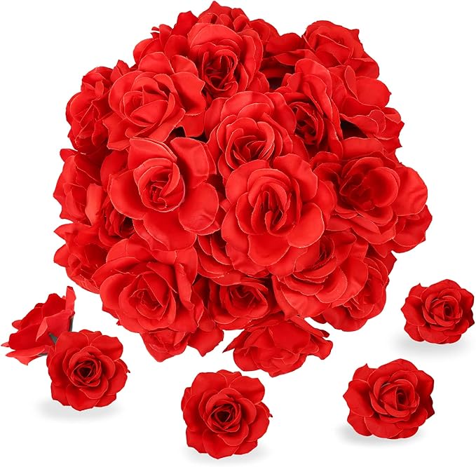 Kesote 50Pcs Artificial Rose Flower Heads Red Realistic Artificial