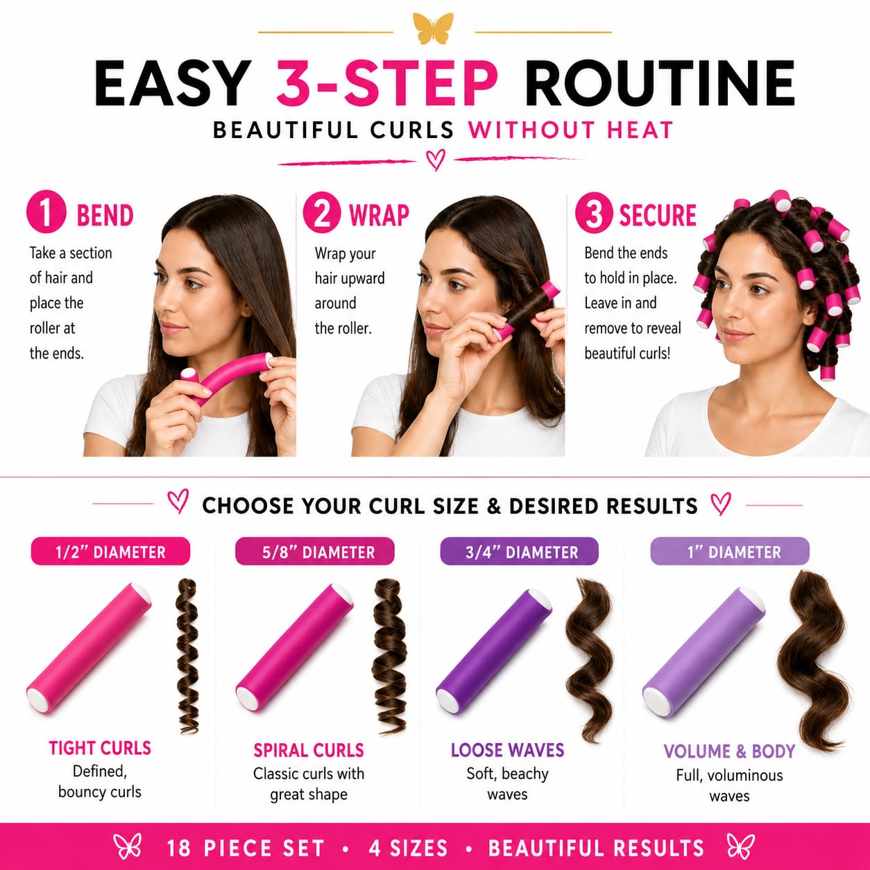 Rachel Roy Flexi Rods for Long Hair, 18-Piece Purple Hair Rollers