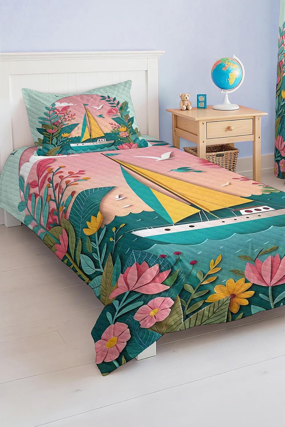 SODEF Bedding Set Twin Size Sailboat and Floral Pattern Colorful Kids and Teens Room Quilt Set Lightweight Breathable Cotton Polyester Blend 2 Piece - Pink, One Size