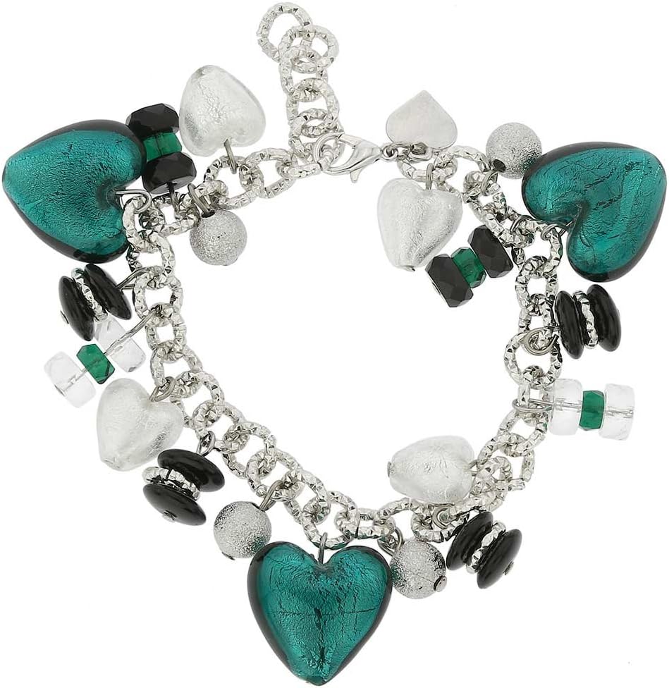 Glass Of Venice Murano Glass Donatella Heart Charms Bracelet - Aqua