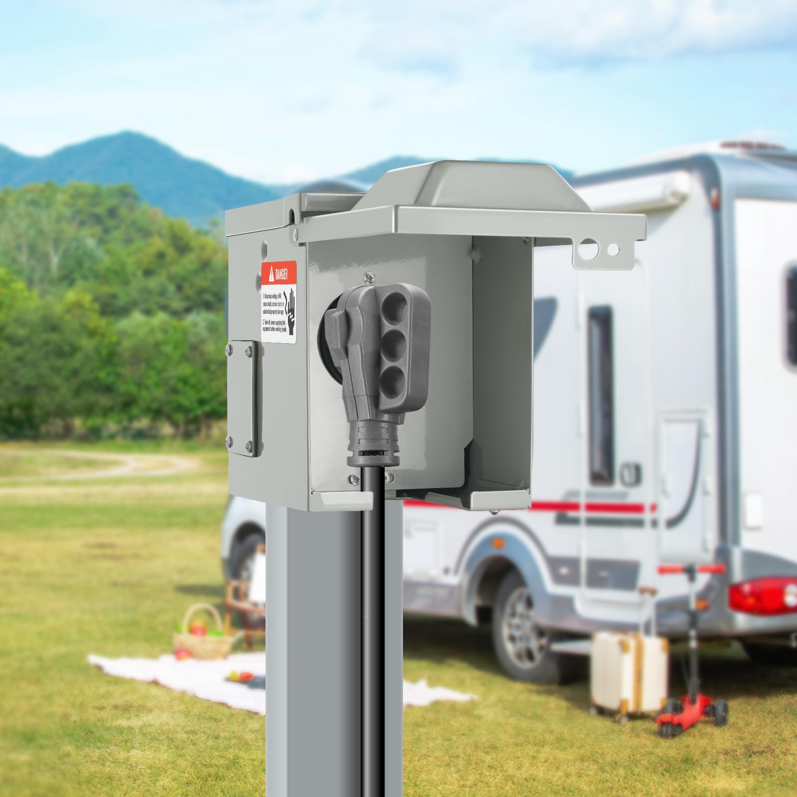VEVOR Caja de toma de corriente para RV de 50 A, 125/250V, caja de receptáculo para RV cerrada con cerradura para exteriores, panel eléctrico resistente a la intemperie NEMA 14-50R, para autocaravana