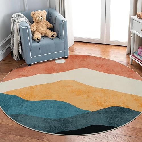 Miniatura 6 de Alfombras abstractas redondas de 5 pies para dormitorio, alfombra circular lavable antideslizante, alfombra de piso suave y colorida de pelo bajo,