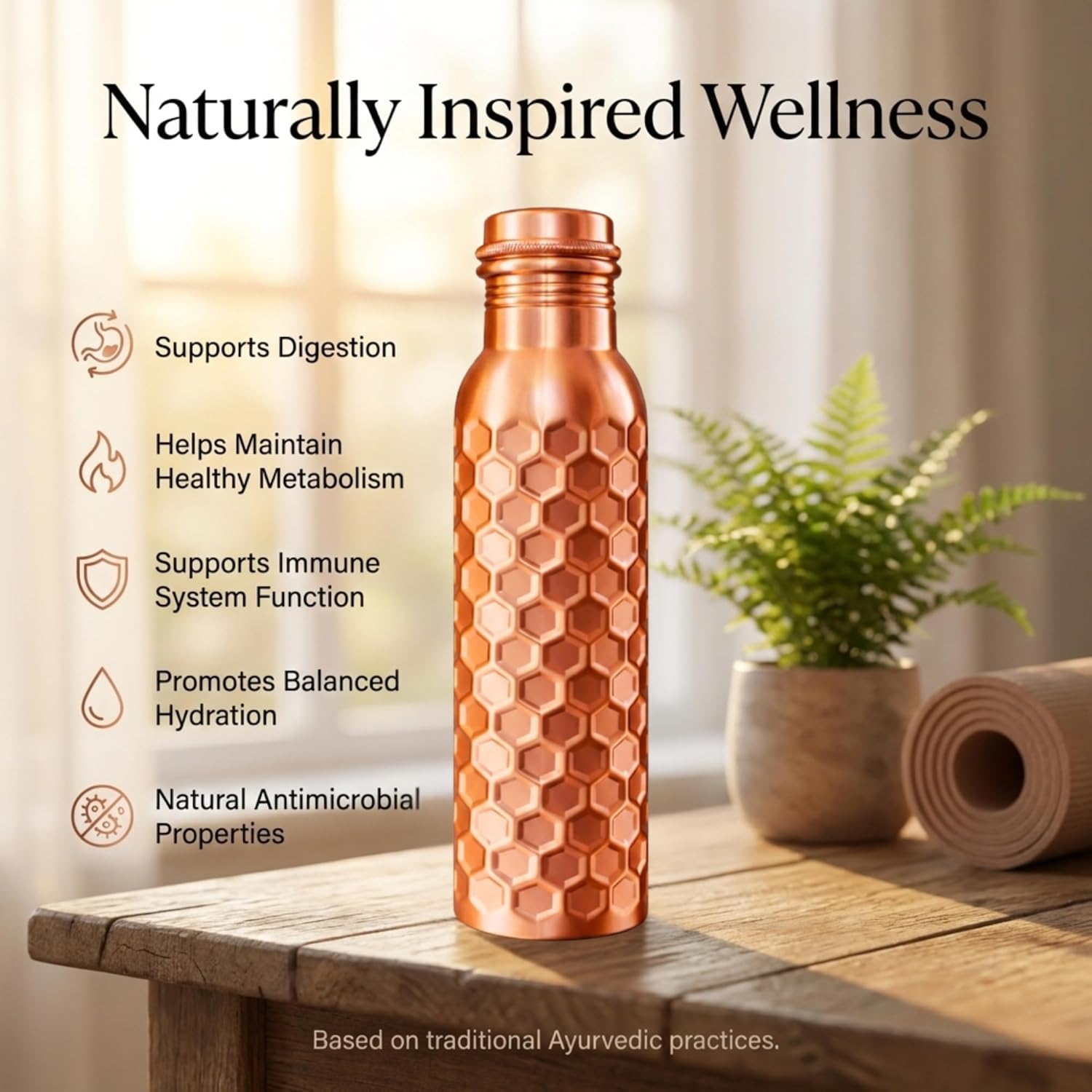 Pure Copper Water Bottle 32 oz | 100% Solid Uncoated & Lacquer Free | Handmade Ayurvedic Copper Bottle for Drinking Water | Leak-Proof | Reusable for Home, Office & Yoga