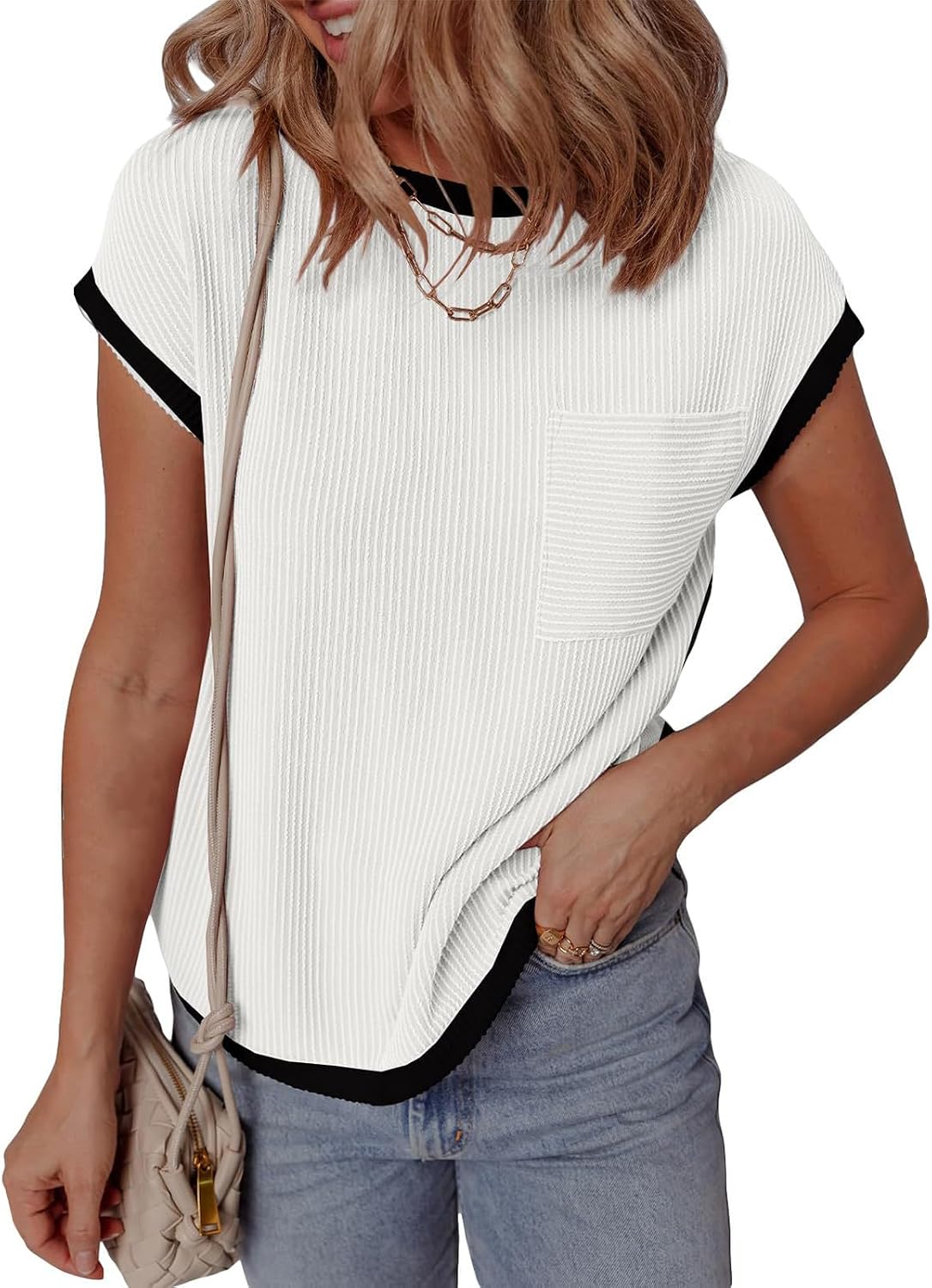 Trendy Tops for Women Classic Striped Pullover Summer Crewneck Short Sleeve Knit T Shirts Casual Loose Tank Top Vest
