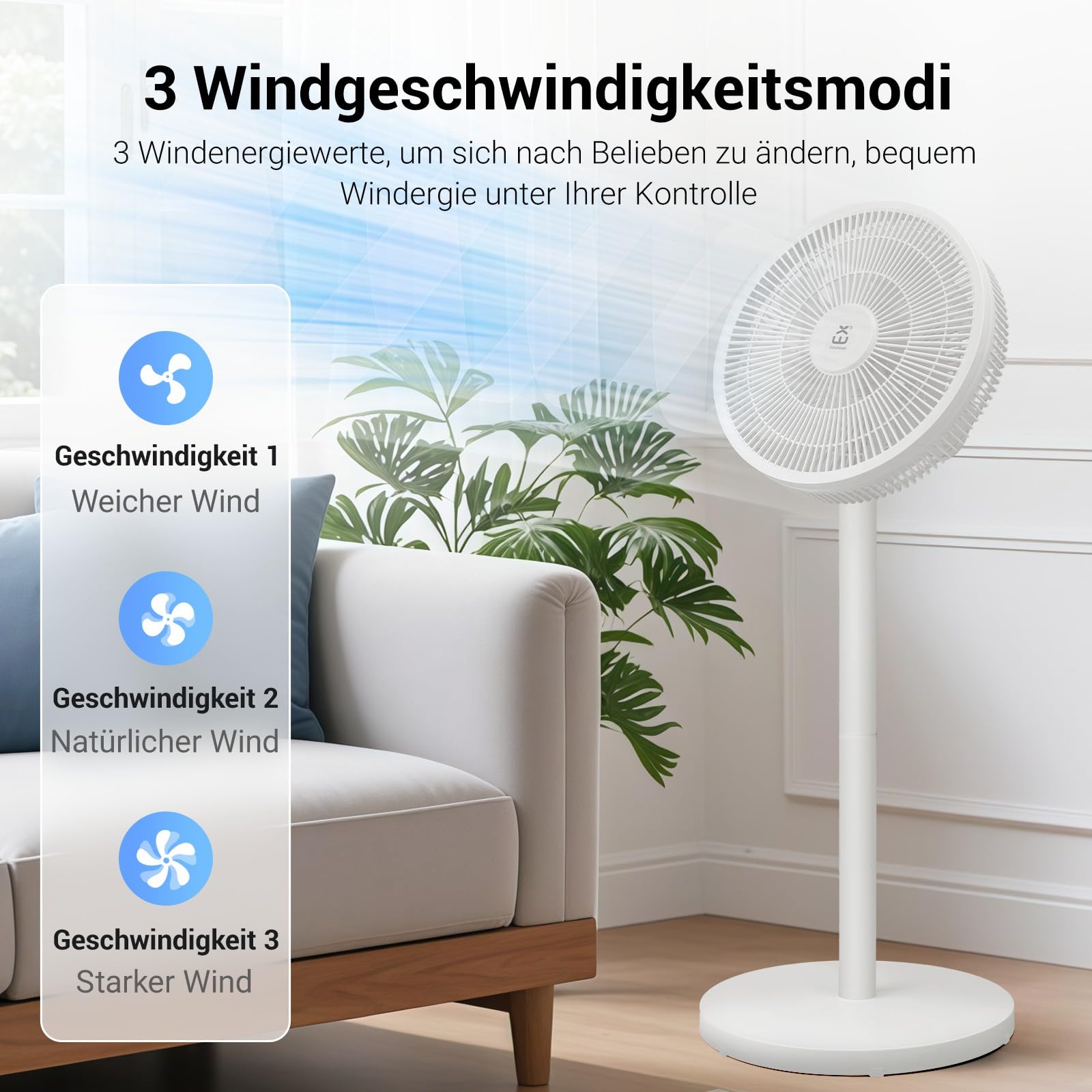 EXTRASTAR Standventilator mit abnehmbarer Stange (91cm/63.5cm), 3 Geschwindigkeitsstufen, 90° Oszillation + 35° Neigung, 50W Energiesparmodus für Schlafzimmer, Büro, Wohnzimmer (Weiß)