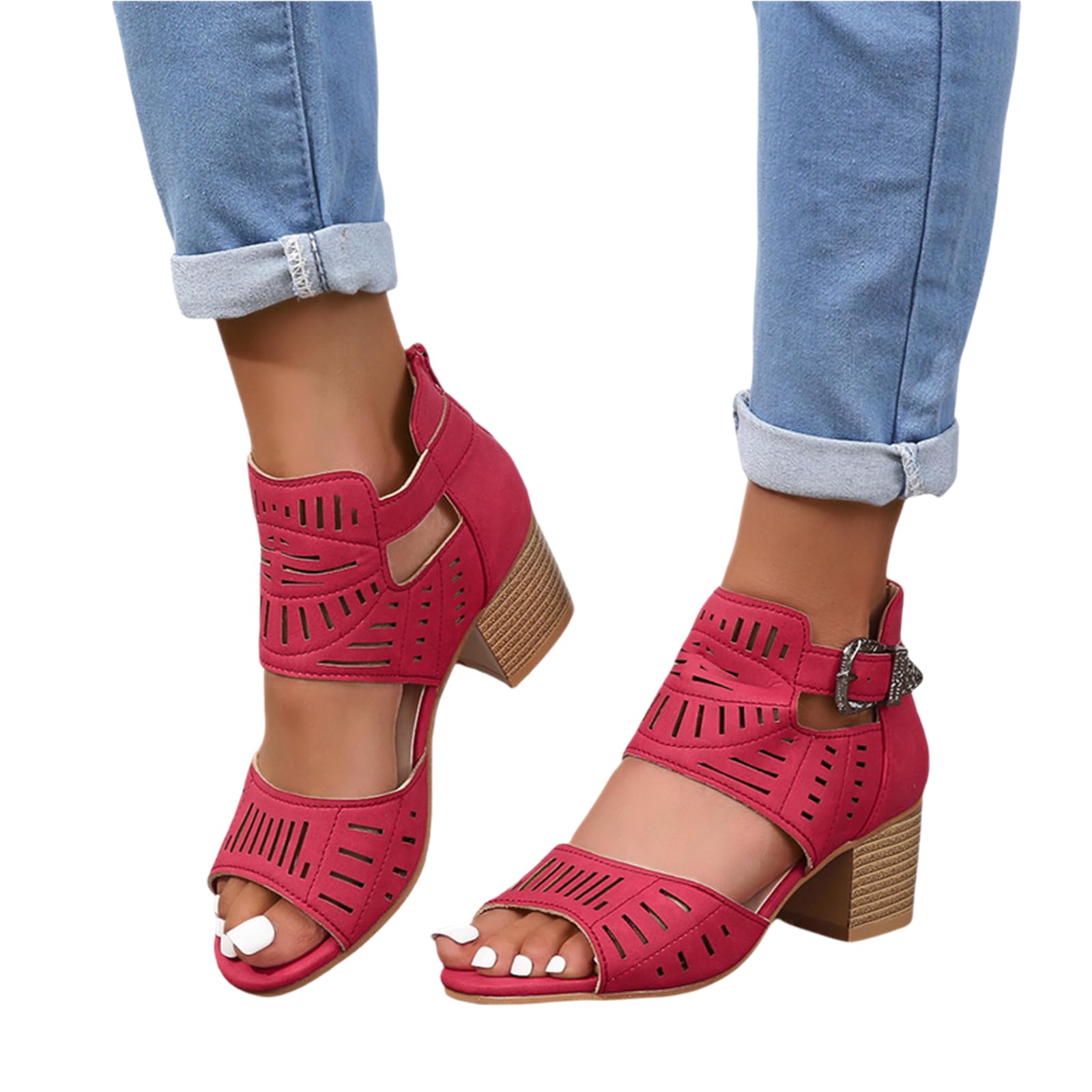 Women Peep Toe Chunky Heeled Sandals Stacked Heel Cutout Roman Sandals Buckle Ankle Strap Summer Casual Party Dress Shoes