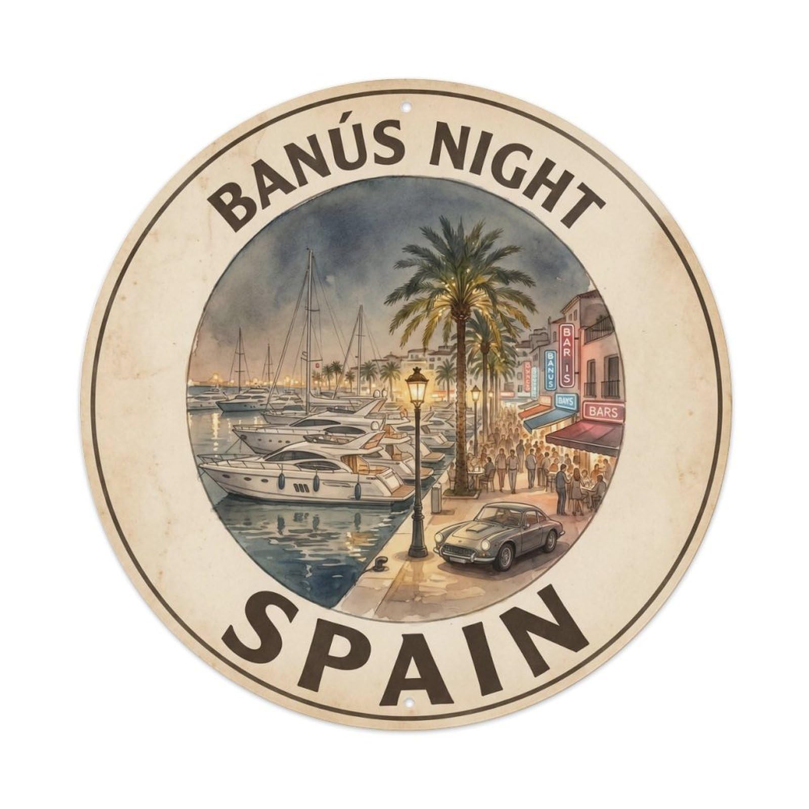 Marbella Puerto Banus Night Spain Watercolor Travel Metal Tin Sign