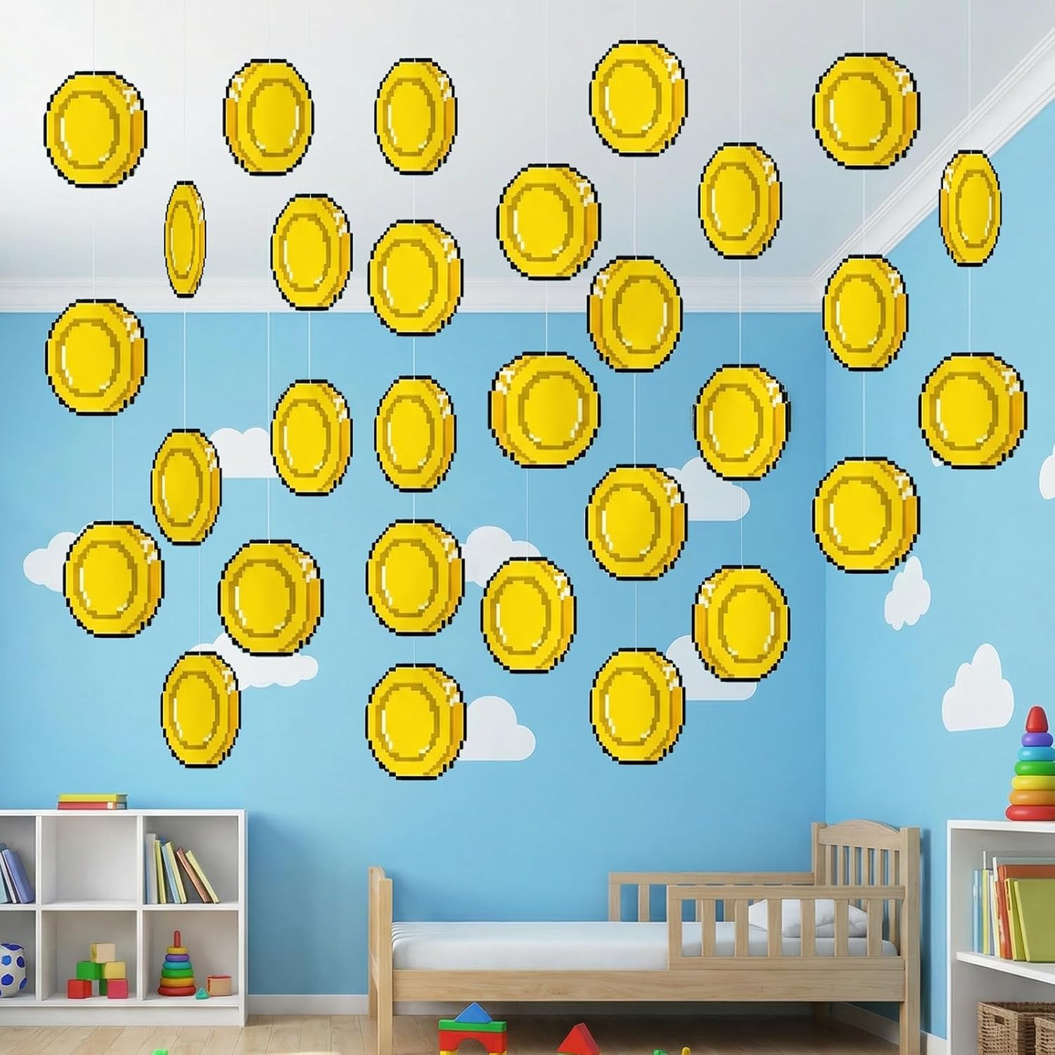 48 Pcs Super Theme Brother Party Decorations Cartoon Video Game Hanging Banner Decorations Gold Video Game Ornaments for Brother Theme Birthday Baby Shower Room Home Super Party Supplies (Coin) image 5