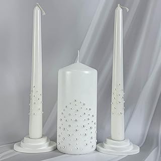 Unity Candle Set - Wedding Ceremony & Reception – 6” Pillar & Two 10” Taper Candles – Long Burning Unity Candles for Marriage Ritual – Handmade in USA – White| Pearls