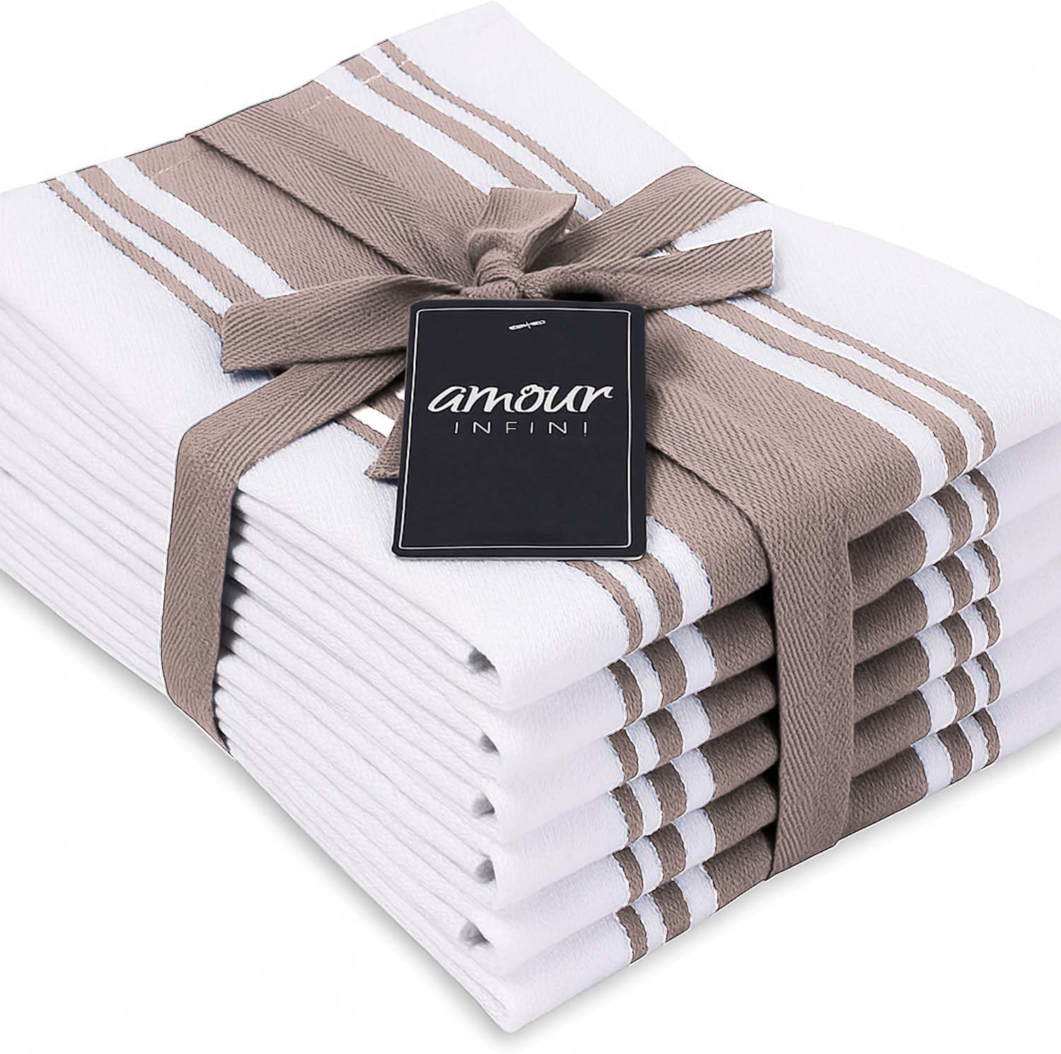 AMOUR INFINI Kitchen Towels 100% Cotton Pack of 6, Highly Absorbent Quick Drying Super Soft Premium Dish Towel for Kitchen with Hanging Loop Hand & Tea Towels - 20x28 Inch (Beige)