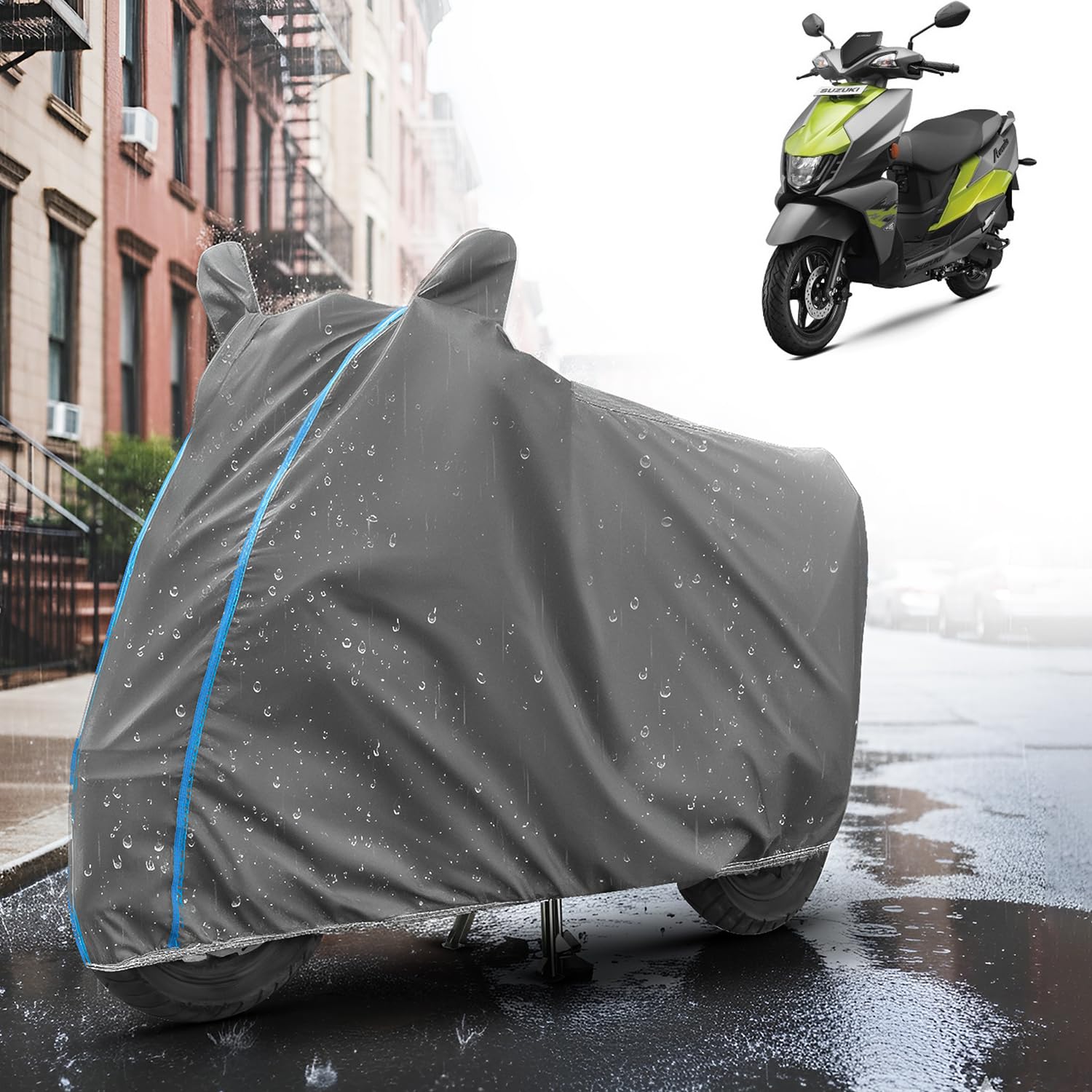 AUTOMOZEXO® Suzuki Avenis All Models 100% Waterproof Cover, Mirror Pocket Full Bottom Elastic Triple Stitch Heavy Duty Two Wheeler Cover Protect→ Rain, UV ray,dust,Tree Gum,Bird ding Easy wash-Grey-image-3