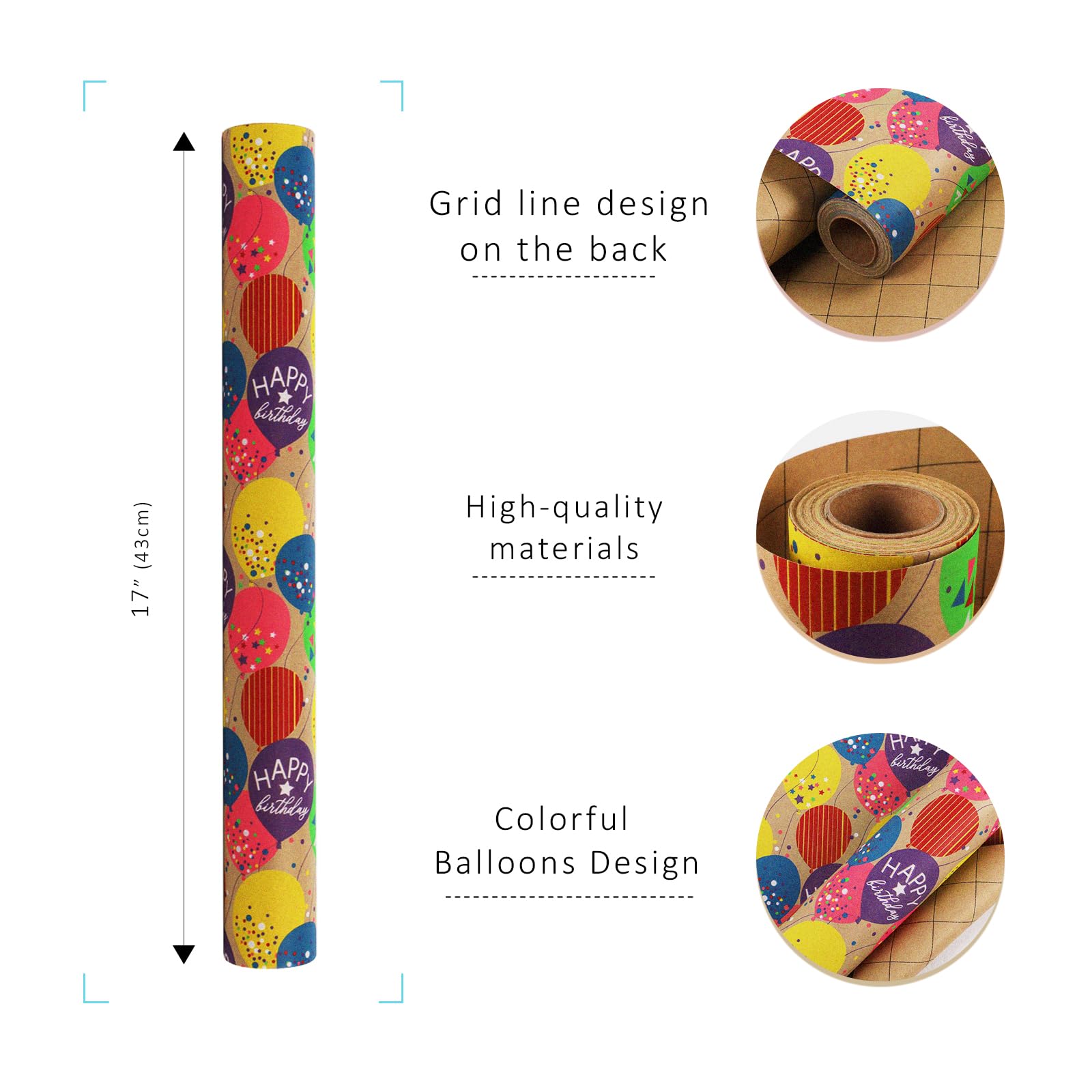 BIOBROWN Rollo de papel de regalo de papel de estraza, diseño de globos coloridos, perfecto para envolver cumpleaños y vacaciones, 17 pulgadas x 33 pies