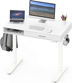 SHW 40-Inch Height Adjustable Claire Electric Standing Desk with Drawer, White