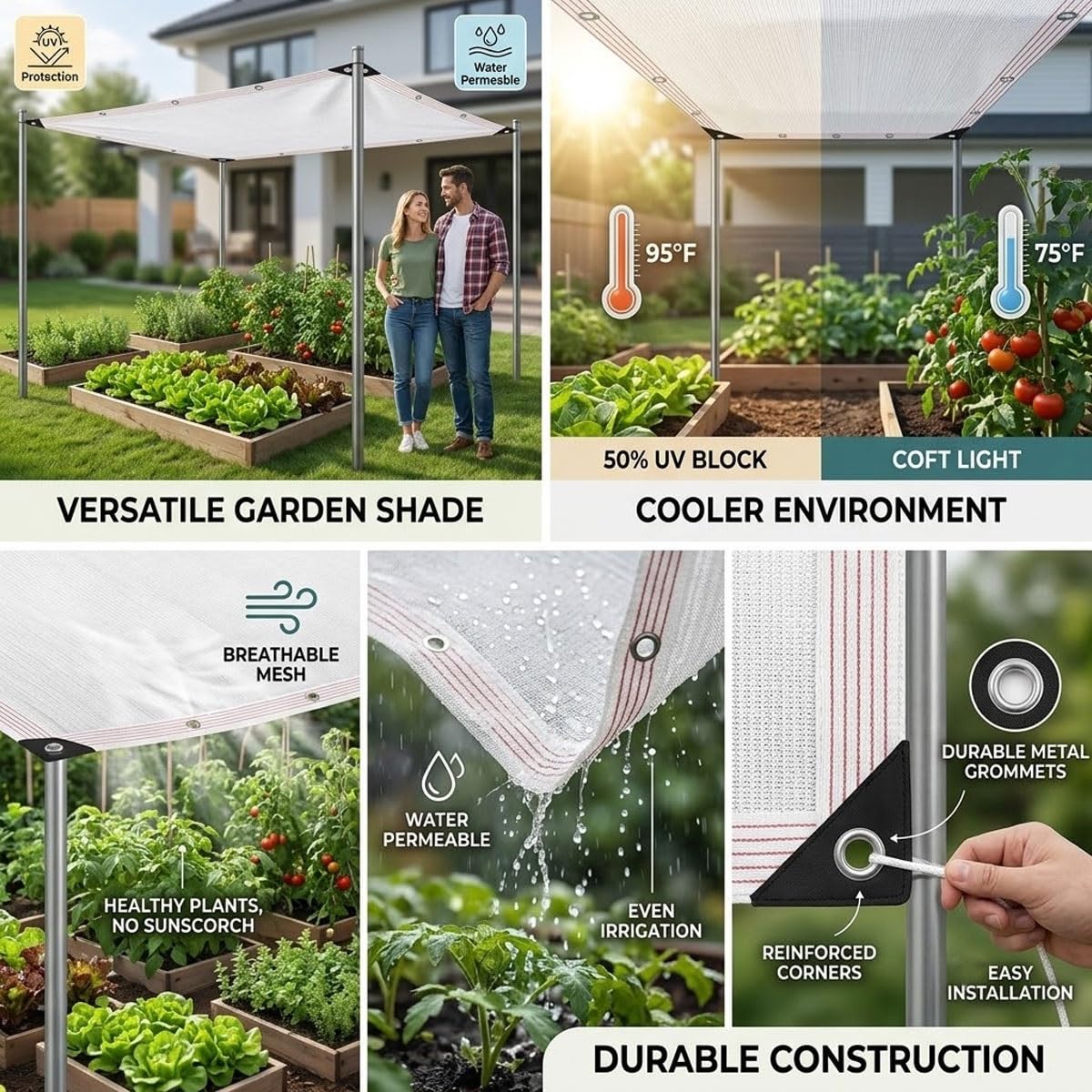 Filet de jardin anti-grêle 4 x 5 m – Protection UV, maille imperméable avec œillets pour balcons et serres extérieurs, couverture respirante pour plantes, protection robuste des cultures
