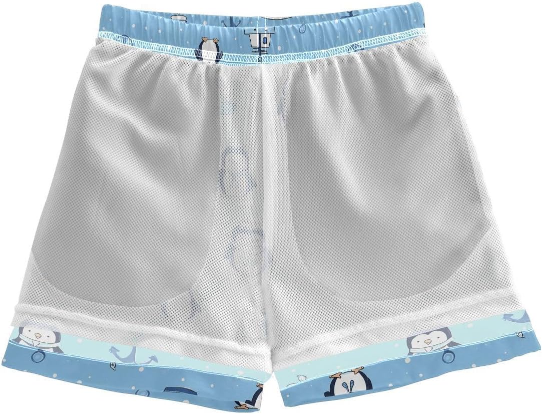 visesunny Blue Penguin Hat Anchor Boys Swim Trunks Quick Dry Drawsting Boy's Beach Shorts Boy Bathing Suit with Pockets