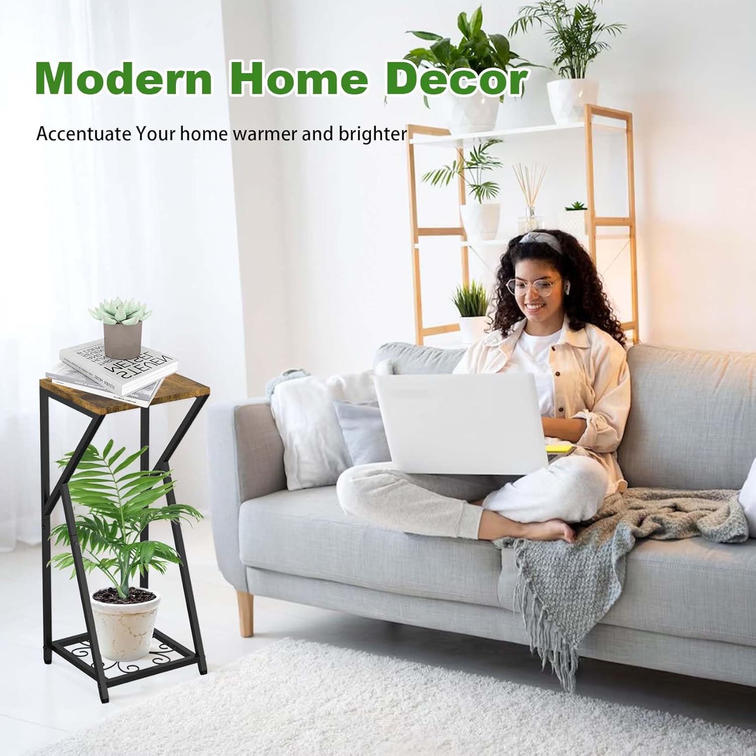 Plant Stand Indoor, Tall Plant stands for Indoor Outdoor Plants, 2 Tier Plant Tables Square Plant Shelves 27" Metal Modern Flower for Living Room Balcony Garden