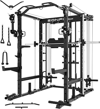 Eonfit E5 Smith Machine with Leg Press for Home Gym | Functional Trainer Power Rack Power Cage With Pivot Arms Lat Cable Crossover Pulley System All In One For Garage Apartment