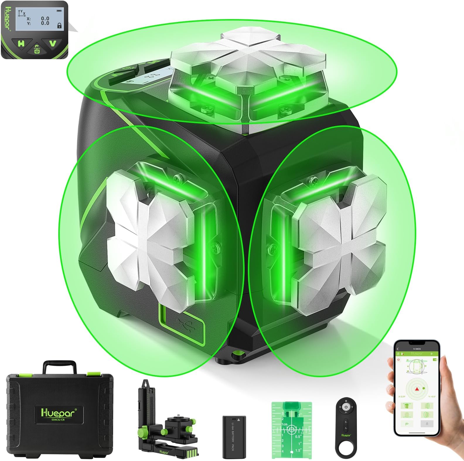 Huepar 12 Lines 3D Self-Leveling Laser Level with LCD Screen 3x360°Bluetooth Connected Green Beam Cross Line Laser Level Tool -360° Horizontal/Vertical Laser Line -Remote Control&Hard Carry Case S03CG