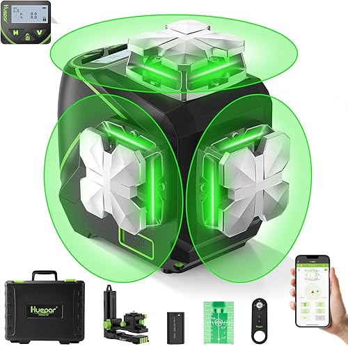 Huepar Nivel láser, autonivelante láser de línea cruzada de 12 líneas con pantalla LCD, 3 x 360° conectada por Bluetooth, herramienta láser de haz
