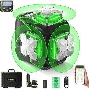 Huepar Laser Level 360 Self Leveling, 3x360° Green 3D Cross Line Laser with LCD Screen, Bluetooth Outdoor Pulse Mode Laser Tool for Construction -Remote Control, Rechargeable or 4 AA Batteries-S03CG