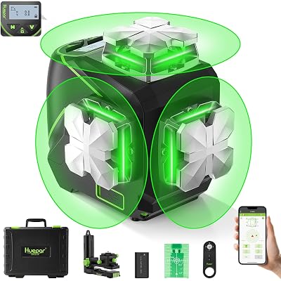 Huepar Laser Level 360 Self Leveling, 3x360° Green 3D Cross Line Laser with LCD Screen, Bluetooth Outdoor Pulse Mode Laser Tool for Construction -Remote Control, Rechargeable or 4 AA Batteries-S03CG
