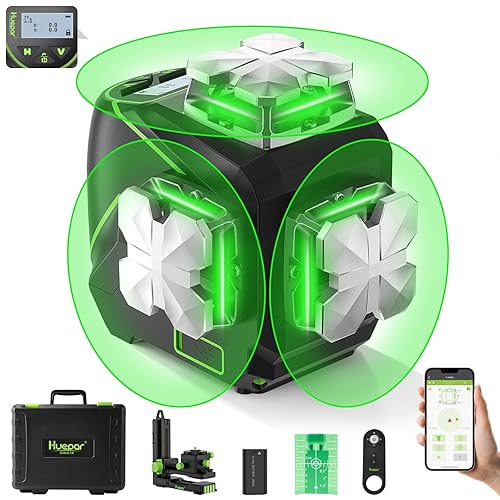 Huepar Laser Level, Self Leveling 12 Lines Cross Line Laser with LCD Screen 3 x 360° Bluetooth Connected Green Beam Laser Tool, 3D Horizontal & Vertical Laser Line -Remote Control&Rechargeable Battery