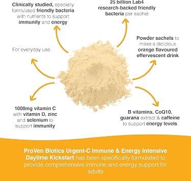 Pro-Ven Probiotics Urgent-C Daytime Kickstart Vitamin C, D, Zinc & Selenium Immune & Energy Intensive Formula25 Billion CFU Live Bacteria Orange Fizzy Drink, 7 Sachets