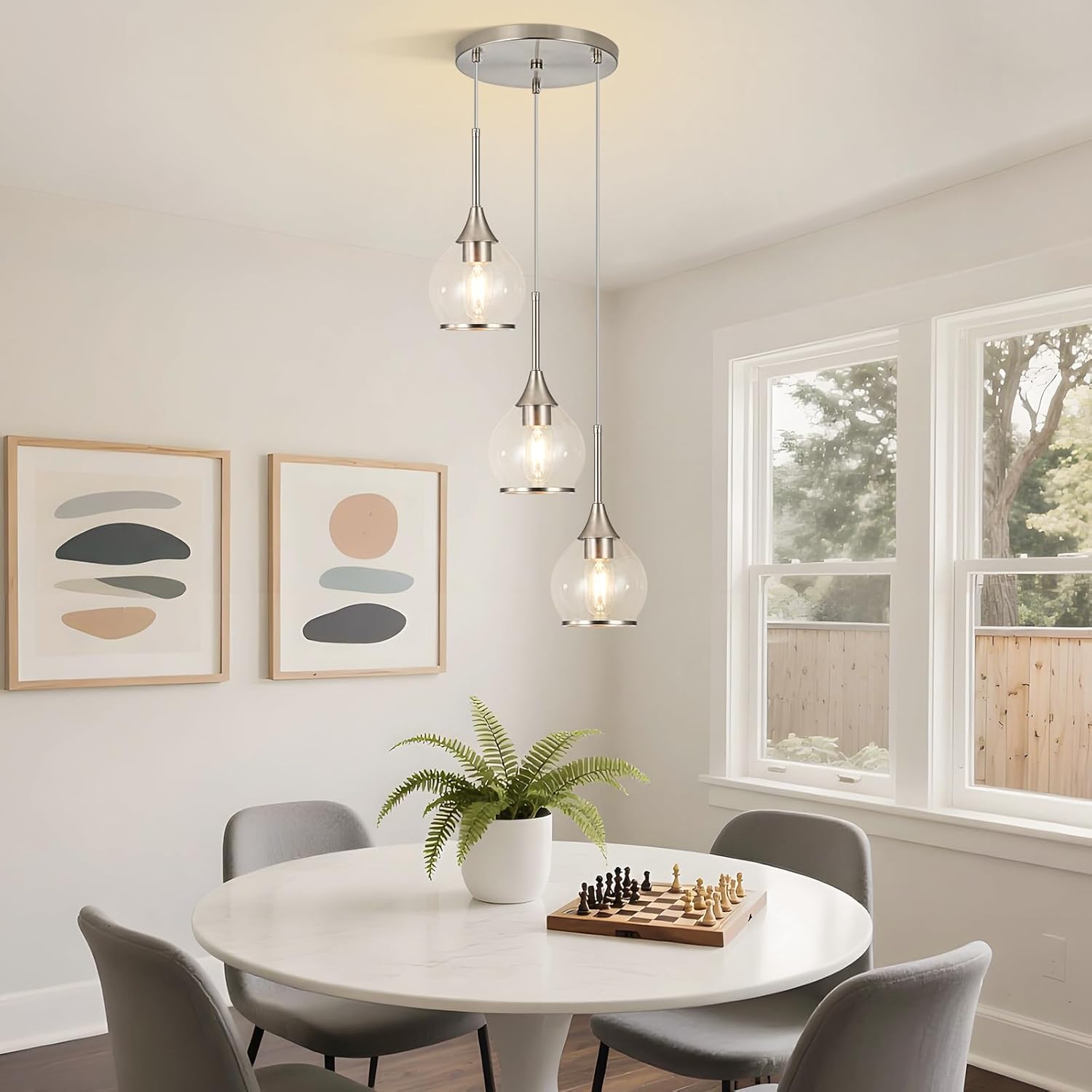 3-Light Island Light for Kitchen, Brushed Nickel Kitchen Island Hanging Pendant Light, Brushed Nickel Dining Room Light Fixture Over Table with Clear Round Glass Shade