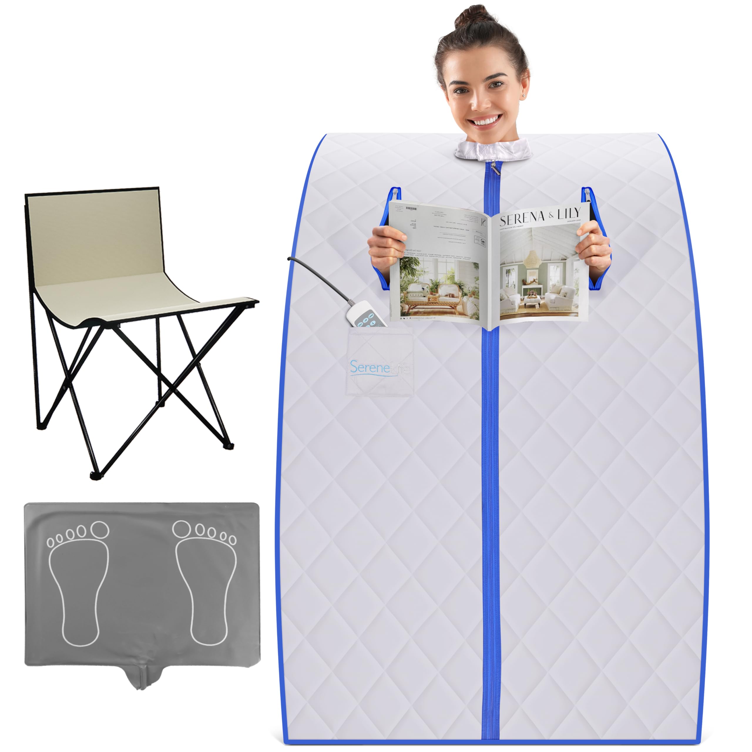 SereneLife Portable Sauna for Home, Infrared Sauna Tent with Heated Foot Pad and Folding Chair, Compact Personal Detox Sauna, Remote Control in-Home Spa, 38" x 32” - (Silver)