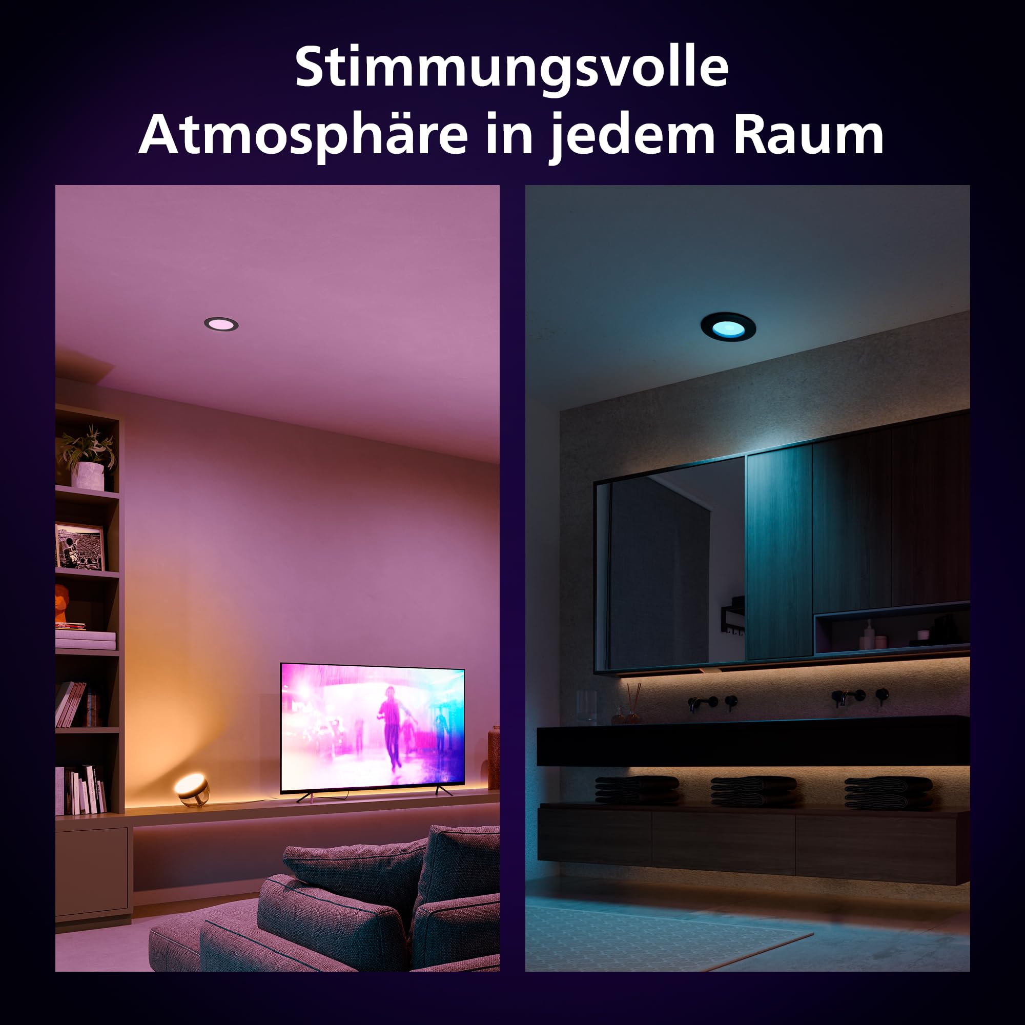 Philips Hue Smart Slim Einbauleuchte 3er Pack, 90 mm, Weiß & Farbiges Licht, Bluetooth kompatibel, Sprachsteuerung mit Alexa, Apple Home & Google Assistant, weiß
