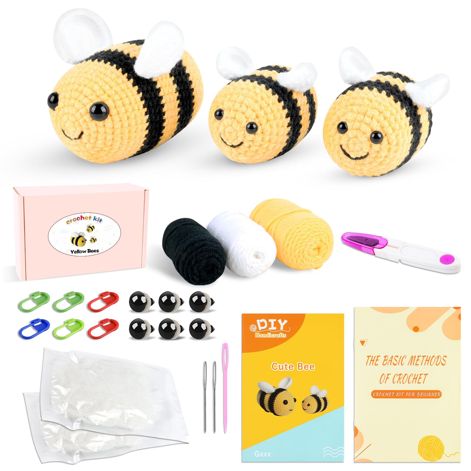 iuqiepo Beginners Crochet Kit, Animal Crochet Kit, Crochet Kit for Beginners, Step-by-Step Video Tutorial, Crochet Kits for Beginners Adults, Crochet Kits - DIY Gift Yellow Bees (3-Pack)