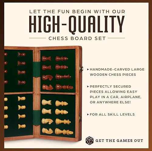 Miniatura 3 de Get The Games Out Juego de ajedrez de viaje  Tablero de madera grande hecho a mano, piezas de fieltro magnético, portátil, plegable y fácil de
