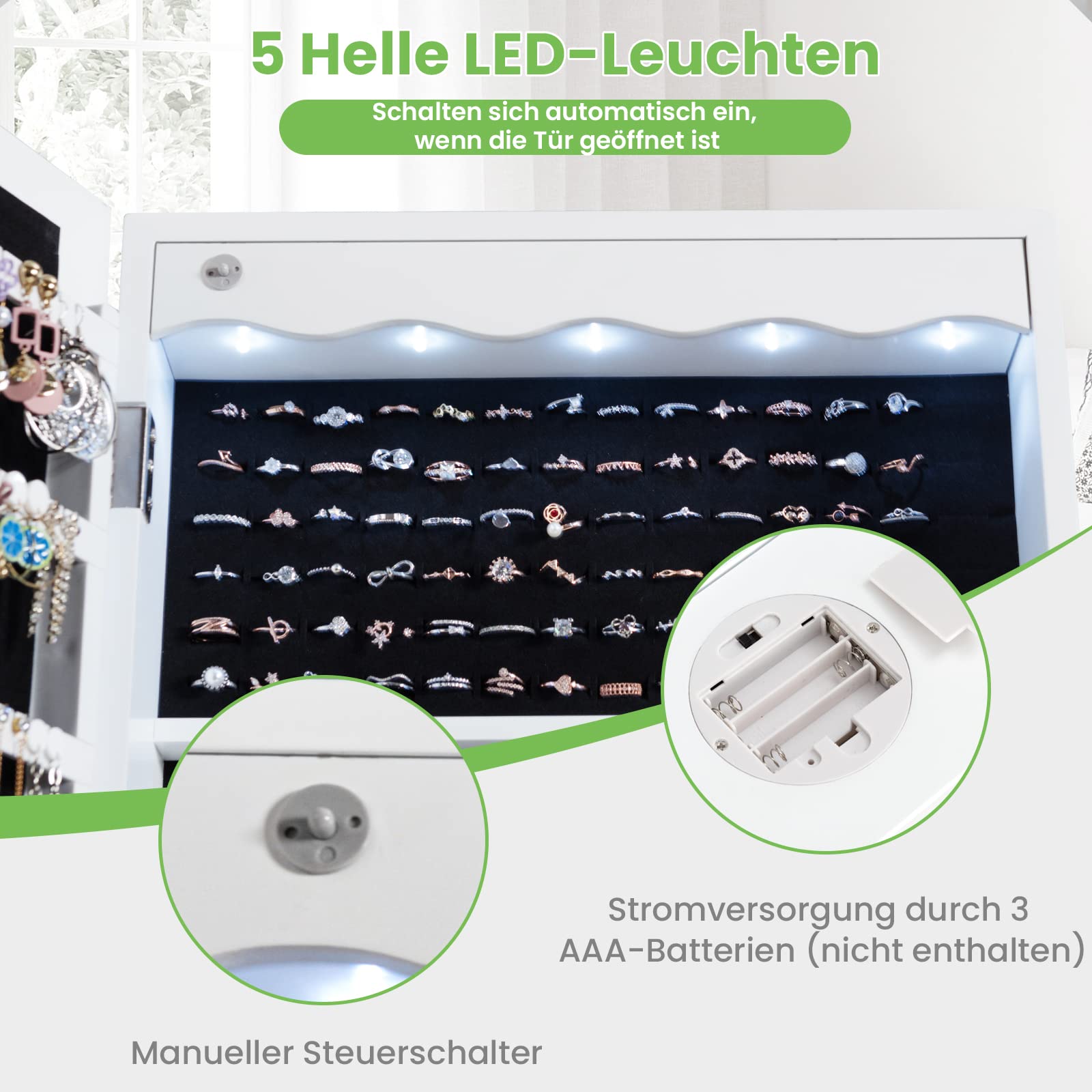 COSTWAY Schmuckschrank hängend, Sipegelschrank mit LED-Beleuchtung, Spiegel und 6 Schubladen, Hängeschrank für Tür- und Wandmontage, Schmuck Schrank für Schmuck & Kosmetik Aufbewahrung, Weiß