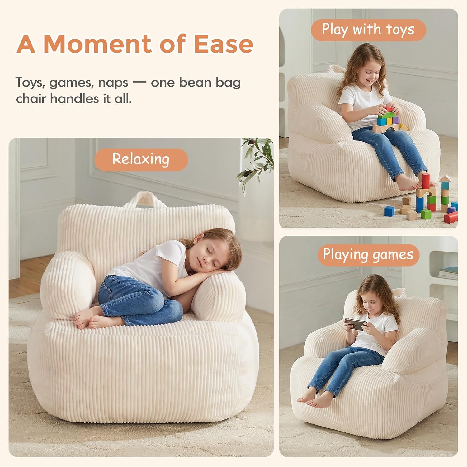 HUGHEAVEN Comfy Kids Bean Bag Chair, Stuffed Bean Bag Sofa with Armrests