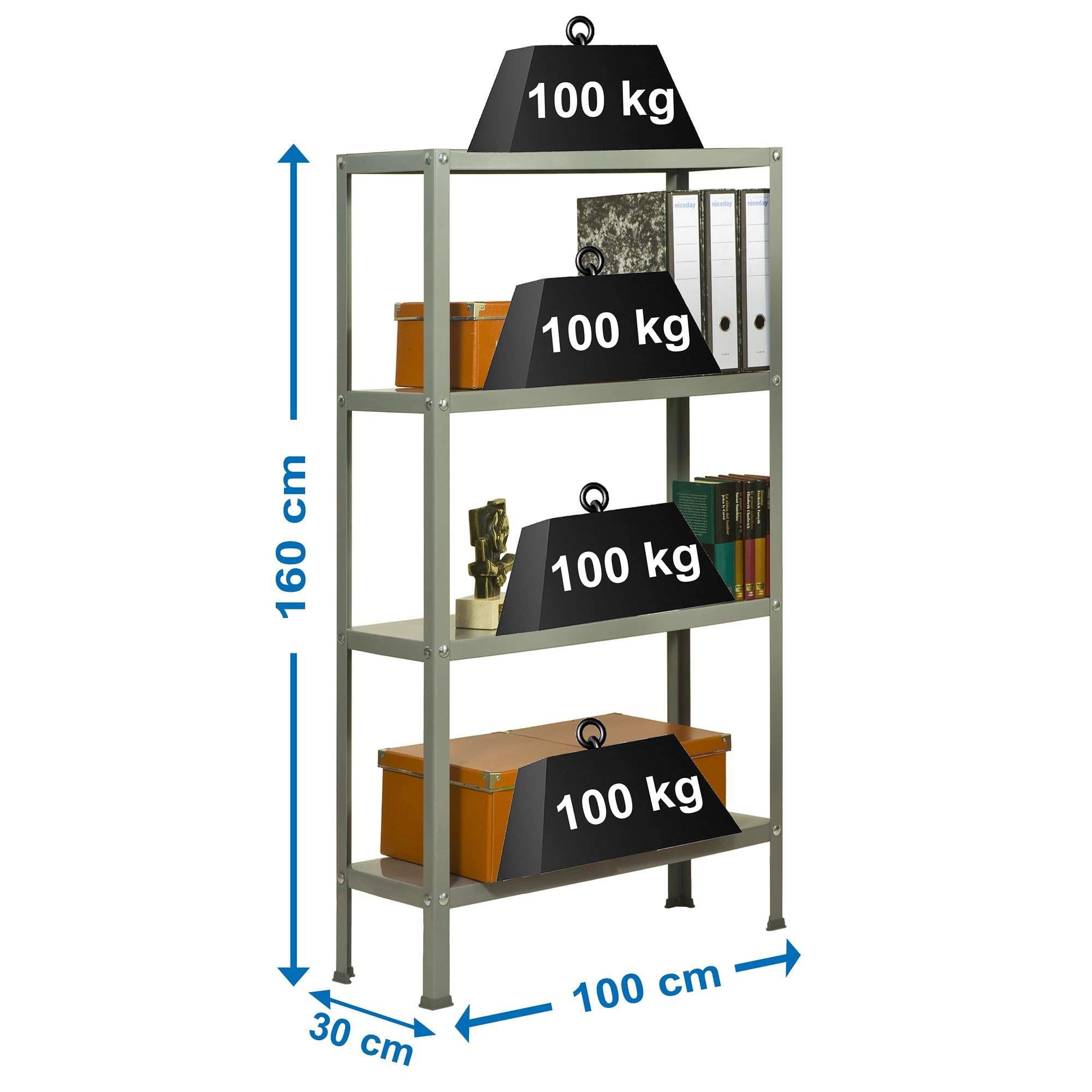 SimonRack Estantería Metálica Almacenaje, 4 Baldas, Alta Capacidad Carga 100 kg, 1600x1000x300 mm, Estantería Salón Baño Cocina, Gris - SimonHome Classic