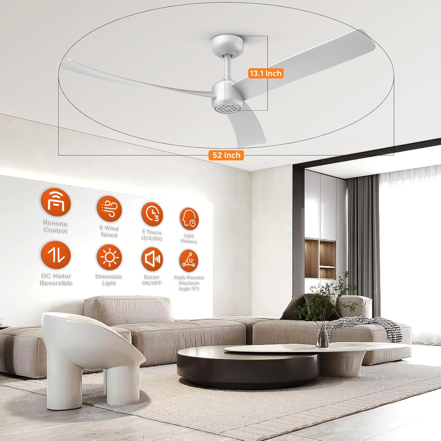 TALOYA 52 Inch Ceiling Fans with Lights Led Remote Control Low Profile Flush Mount for Living Room Bedroom Outdoor Patio,DC Motor,Reversible,Dimmable,Buzzer ON/Off,White