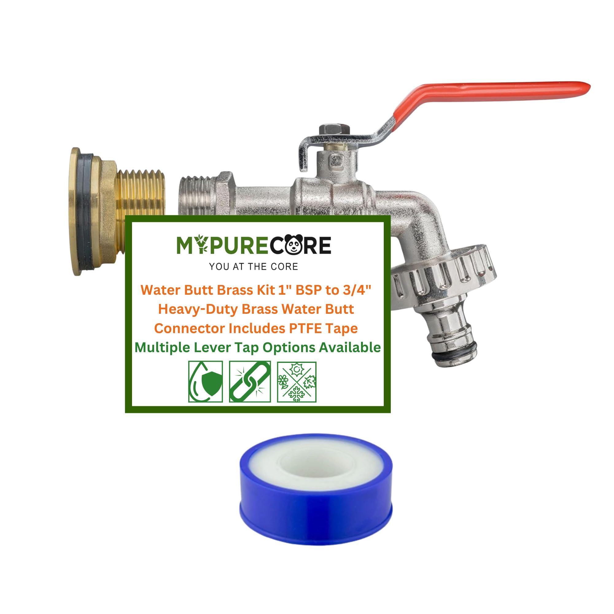 MYPURECORE Water Butt Brass Kit 1” BSP to 3/4” – Heavy-Duty Brass Tank Connector with PTFE Tape & Lever Tap Options – Rainwater Harvesting, Barrels & IBC Containers ((Barbed Outlet))