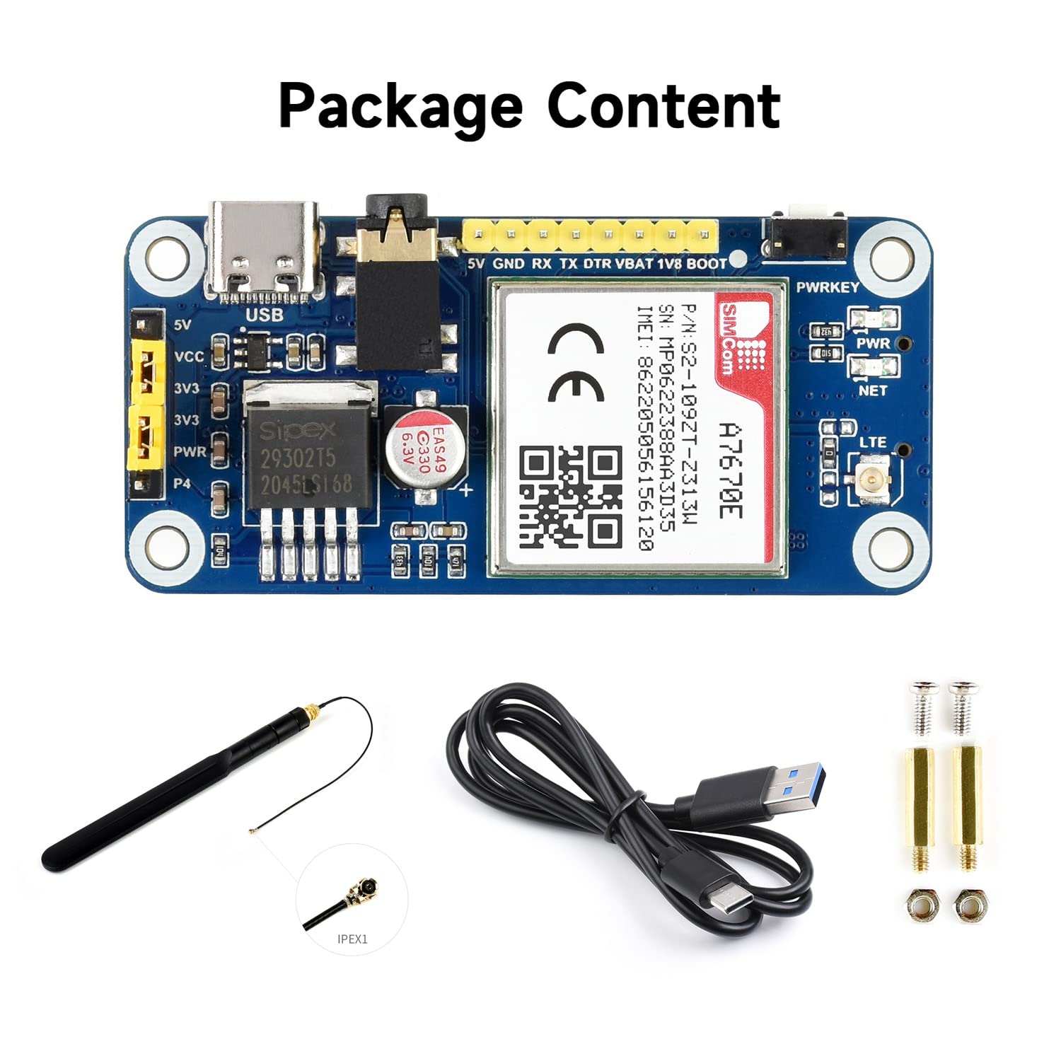 Waveshare A7670E LTE Cat-1 Hat for Raspberry Pi Enabling LTE Cat-1 / 2G Communication & LBS Positioning Multi Band Support 2G gsm/GPRS