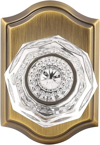 Gobrico Pomo de cristal simulado de un lado, mango medio simulado resistente en latón antiguo, roseta arqueada, palanca interior para armario de