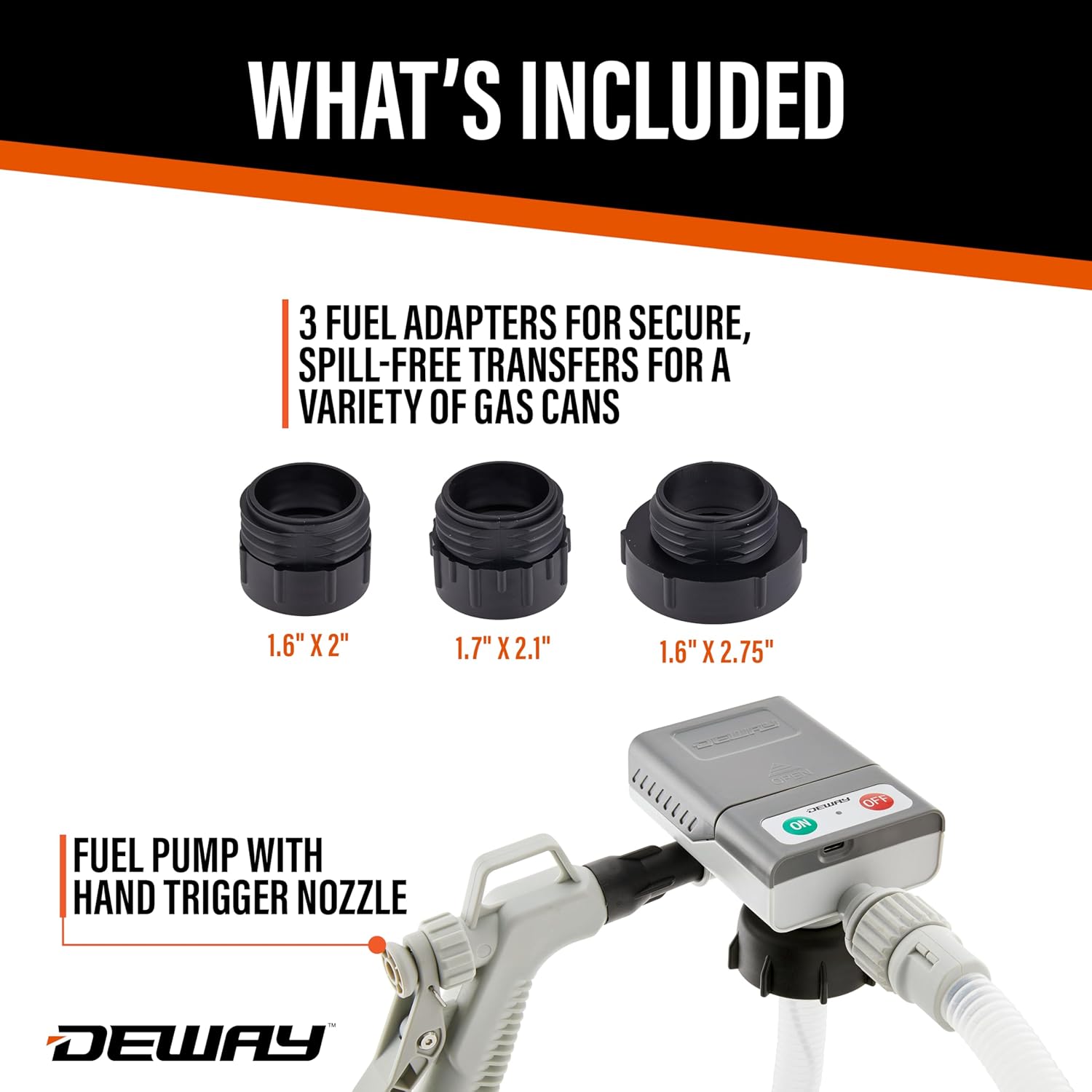 DeWay Gas Can Fuel Transfer Pump with Trigger Nozzle | Fast 3.8 GPM Flow Rate, 51” Hose & 3 Can Adapters for Gasoline, Kerosene, Diesel & Non-Potable Water | USB-C Cable or Battery Power - Image 6