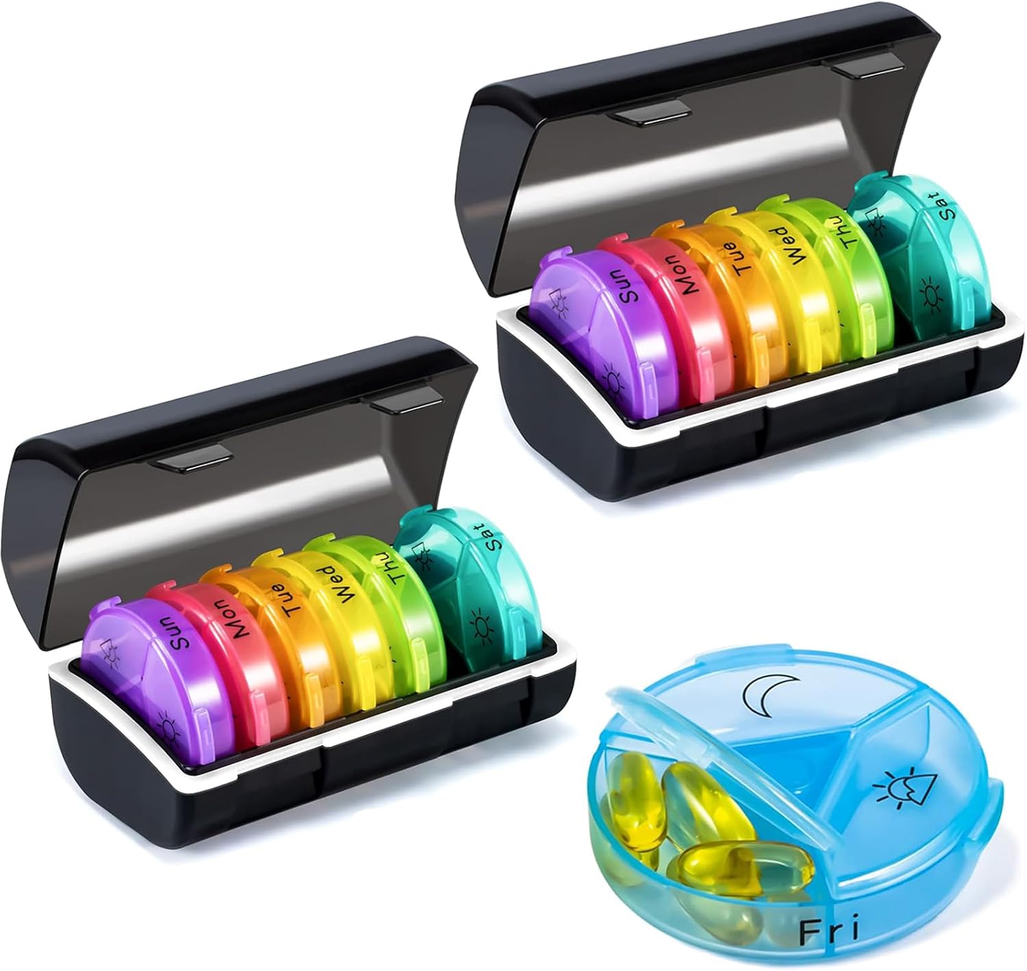 Weekly Pill Organizer 3 Times a Day, 2 Pack Travel Pill Box 7 Day, Daily AM/PM Pill Case Container, Portable Large Medicine Pill Organizer for Vitamin, Fish Oils, Supplements (Black)