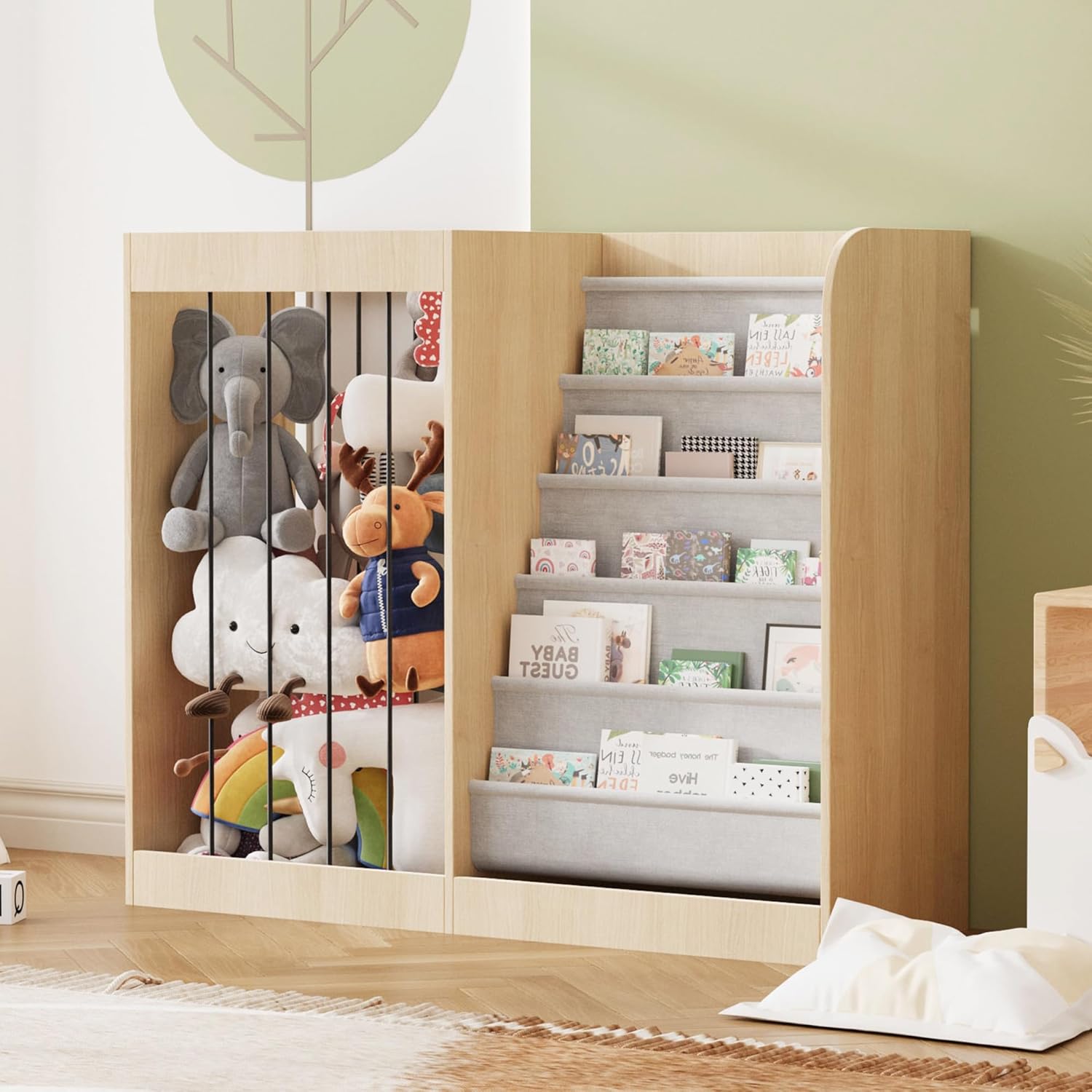 Natural Kids Bookshelf & Stuffed Animal Zoo Net Holder Plush Toy Storage Organizer Elastic Band Child Bookcase Toddler Sling Book Rack Display Playroom Bedroom Nursery Infant Boy Girl Classroom