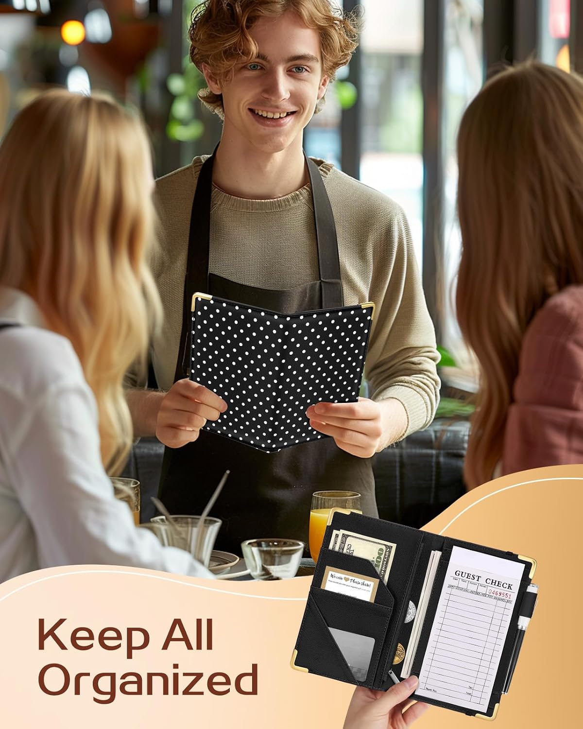 Slohif Waitress Server Book, Cute Black Polka Dot Restaurant Organizer | Zipper Pocket Serving Organizer for Guest Checks, Tickets, Cash And Waiter Accessories & Essentials in Durable Vegan Leather