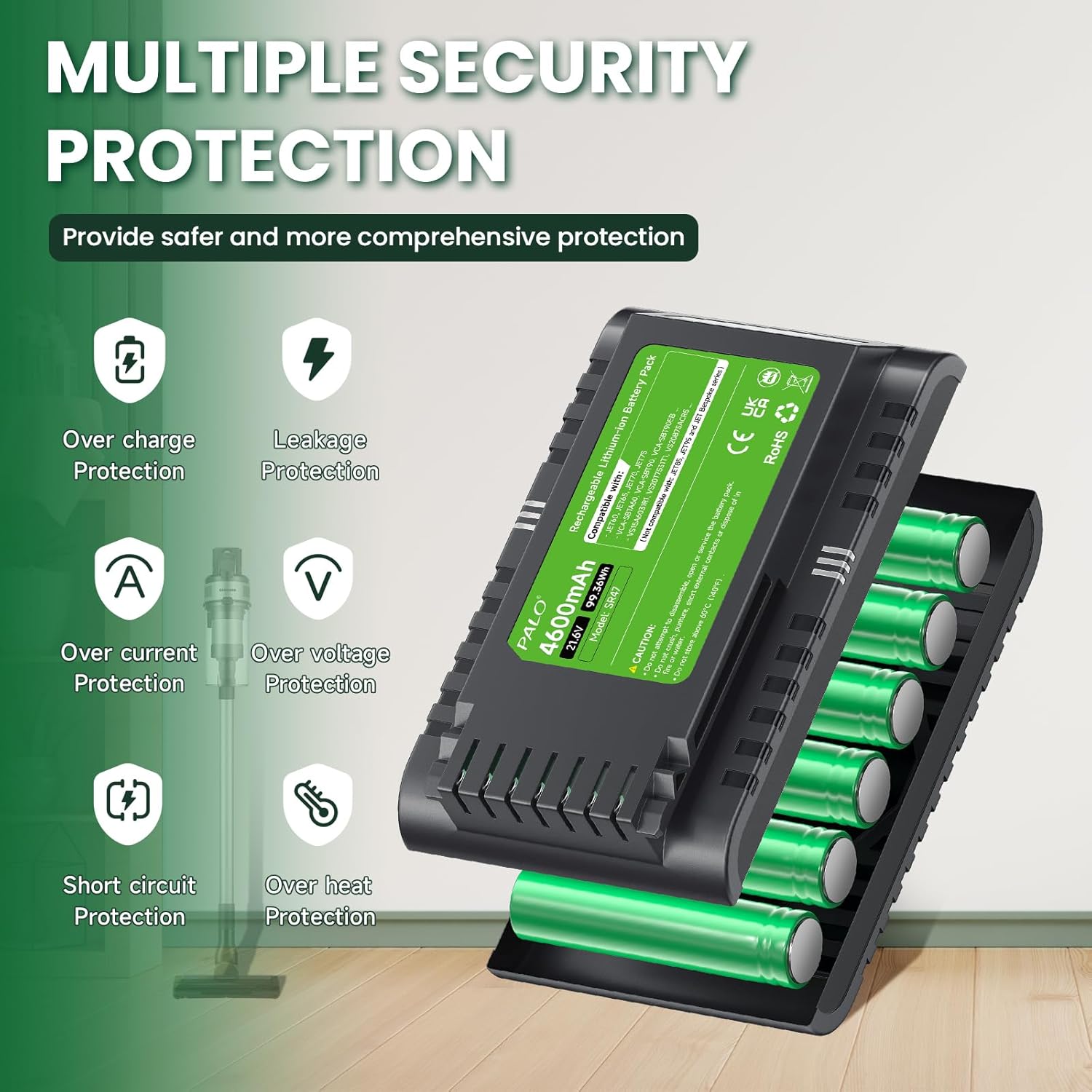 4600mAh VCA-SBT90 Battery Replacement for Samsung Jet 75, 75 Pet, Jet60, 65, 70, 70+, Jet90 and 90+ Series Cordless Handheld Vacuum Cleaners. Replacement Models: VCA-SBTA60, VCA-SBT90, VCA-SBT90EB